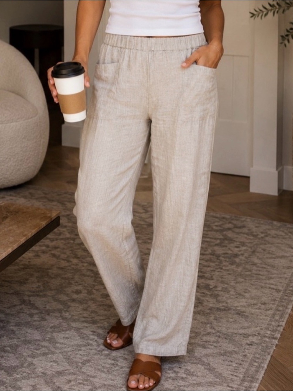 Quince 100% European Linen Pull On Relaxed Pants Cream Large minimalist neutral